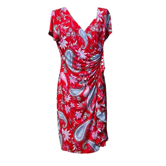 Shelby & Palmer 12 Red Faux Wrap Paisley Midi Dress - Picture 2 of 8